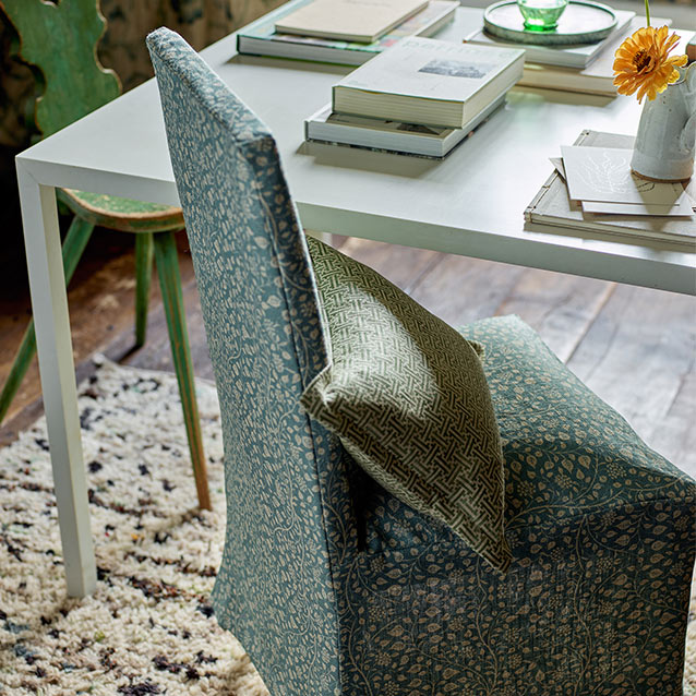 High Backed Chair in Gertrude Jekyll Small Trailing Vine Green fabric detail